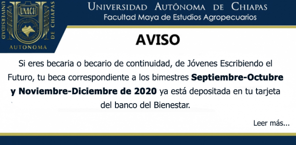 AVISO: DEPÓSITO DE BECA &quot;JÓVENES ESCRIBIENDO EL FUTURO&quot; BIMESTRES SEPTIEMBRE-OCTUBRE Y NOVIEMBRE-DICIEMBRE 2020