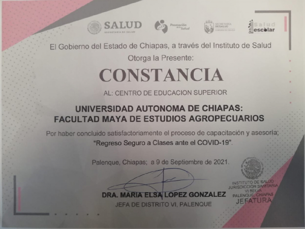 CONSTANCIA DE CAPACITACIÓN Y ASESORÍA “REGRESO SEGURO A CLASES ANTE EL COVID-19”